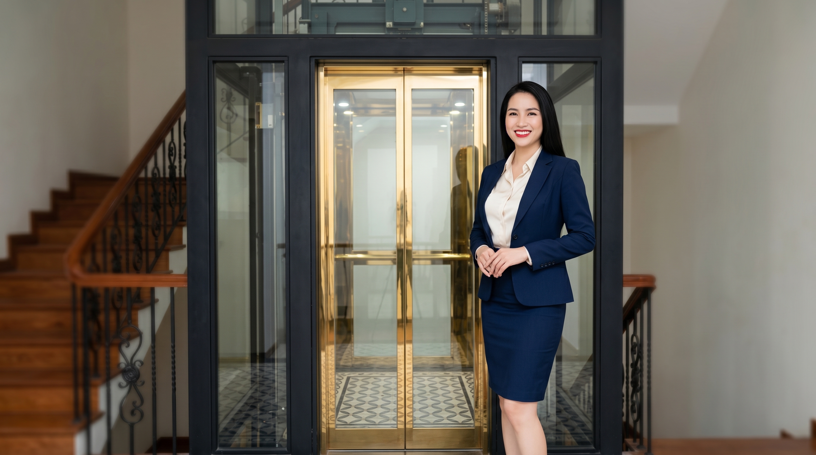 Thang máy gia đình cửa kính khung nhôm màu đen viền vàng sang trọng trong nhà có cầu thang gỗ